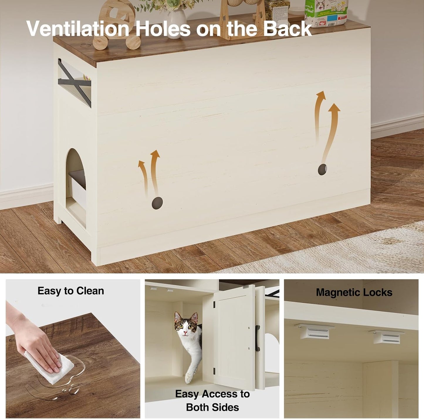 Cat Litter Box Enclosure for 2 Cats, 47" Hidden Litter Box Furniture Cat Washroom with Double Large Room, Farmhouse Indoor Litter Box Cabinet TV Stand, White