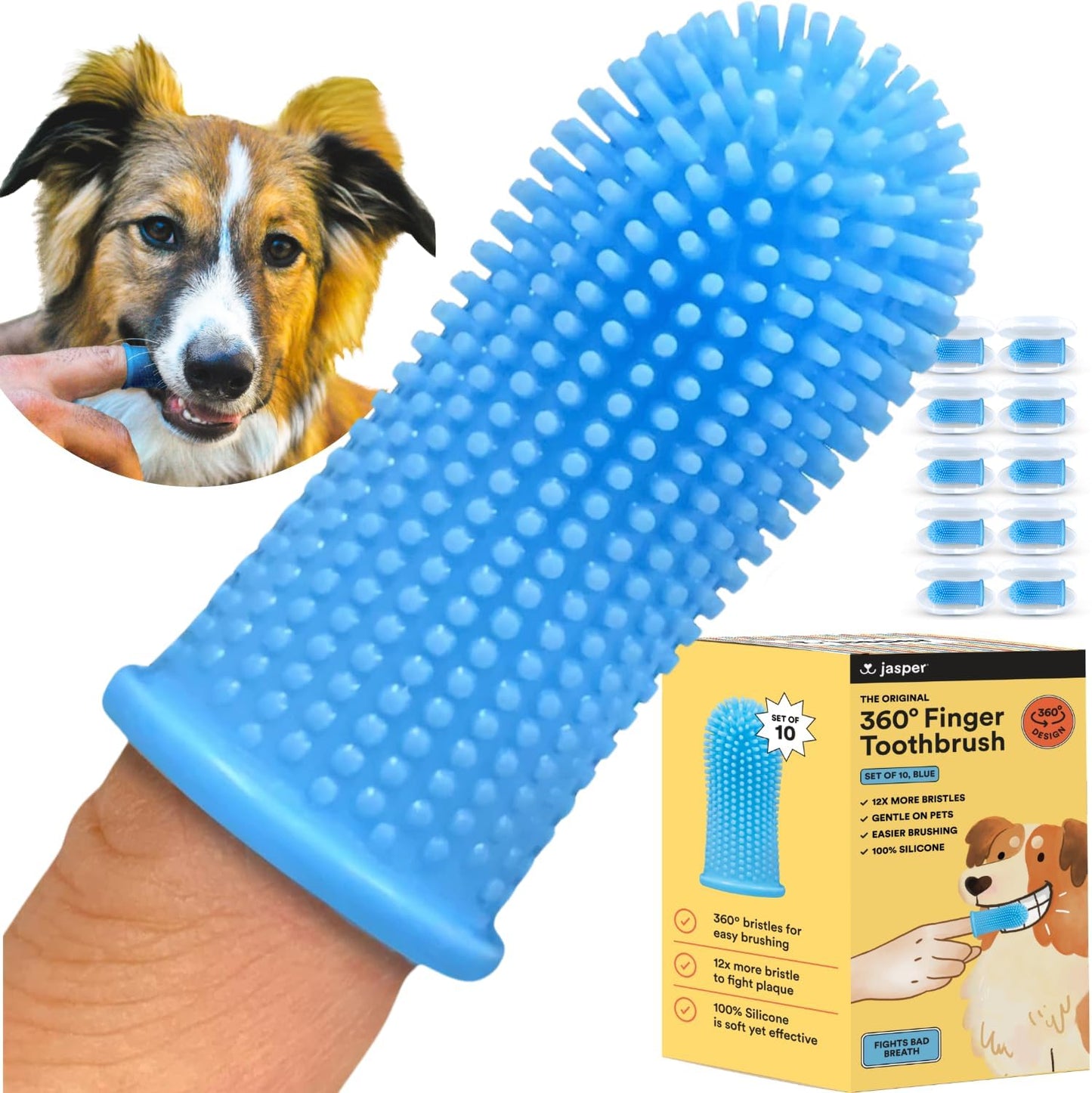 Jasper Dog Toothbrush, 360 Degree Pet Tooth Brushing Kit, Cat Toothbrush, Canine Dental Care & Teeth Cleaning Kit, Pet Finger Tooth Brush, Use with Dog Toothpaste, 10-Pack Blue