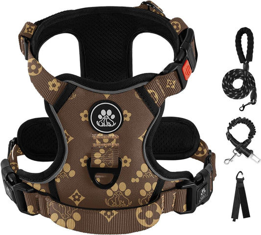 IVY&LANE No Pull Dog Harness with Leash Set, Reflective No Choke Pet Vest,Adjustable Oxford Dog Vest Harness with Easy Control Handle for Medium Dogs (Dark Brown,M)