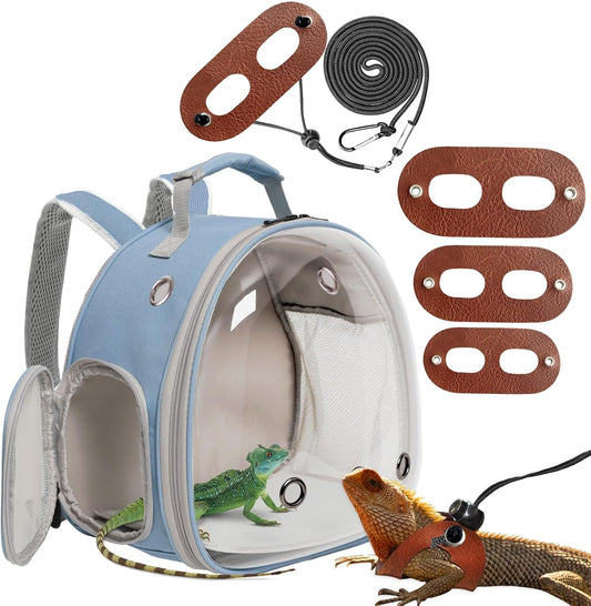 Small Animal Portable Backpack Carrier with Leather Harness and Leash Set,Space Capsule Clear Bubble Window Travel Backpack for Bearded Dragon,Guinea Pig,Rabbit,Airline Approved
