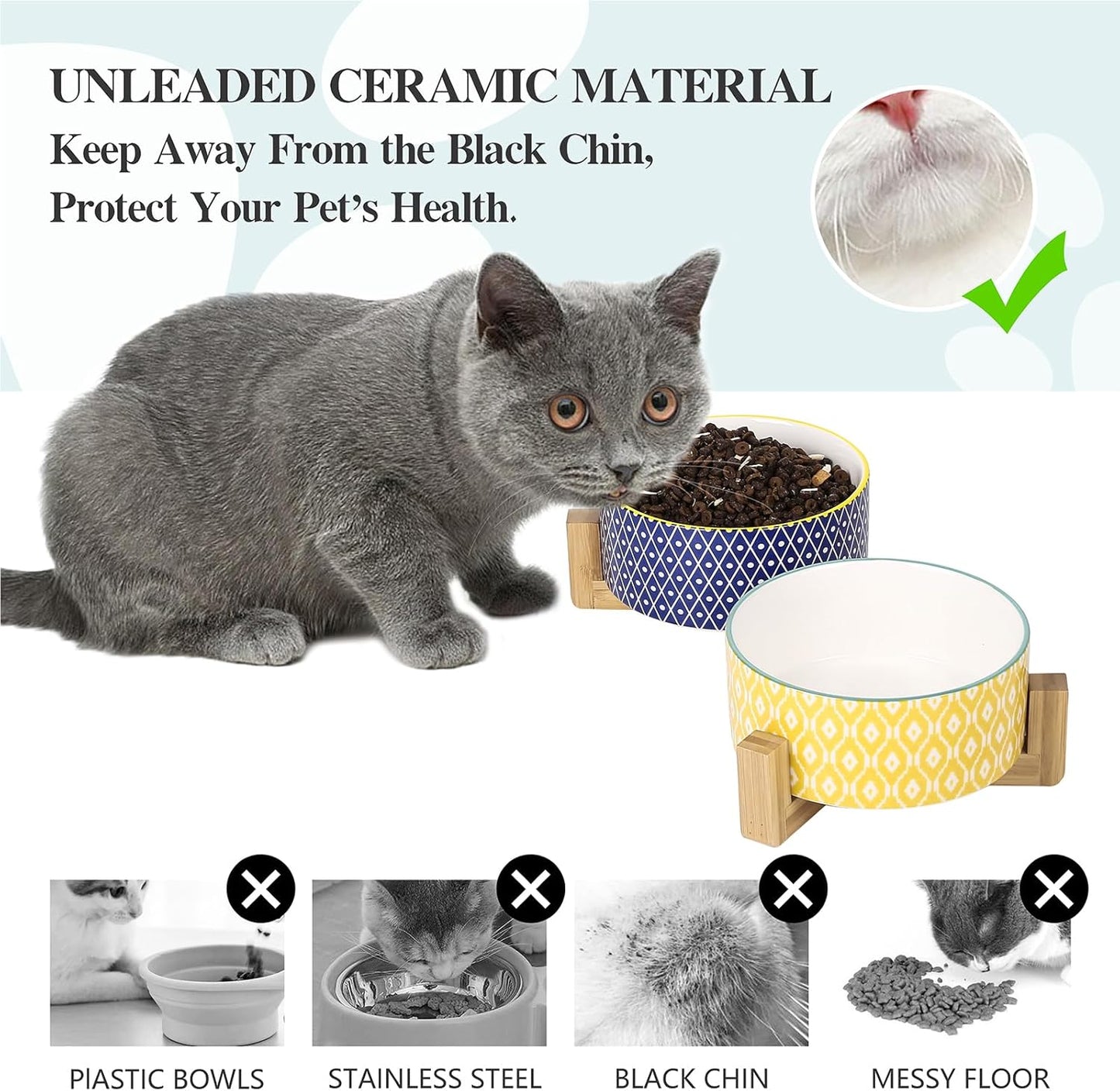 Selamica Ceramic 14 oz Dog Bowls - Anti-Slip Pet Dishes Set with Wooden Stand for Cats & Small Dogs, Weighted, Assorted Colors, Food & Water Dishes