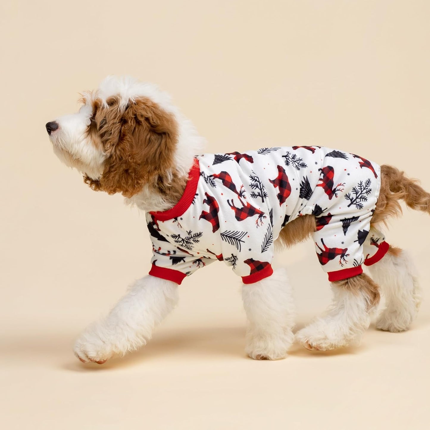 Fitwarm Reindeer Dog Christmas Pajamas, Winter Doggy Clothes for Small Dogs Boy Girl, Fleece Dog Onesie with Feet, Holiday Pet Outfit, Black, White, Red, Large
