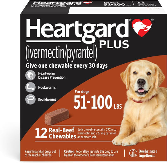 HEARTGARD® Plus (ivermectin/pyrantel) Real-Beef Chewables for Dogs 51 -100 lbs (Brown Box) 12 Month Supply of Chews (Heartworm Disease Preventive)