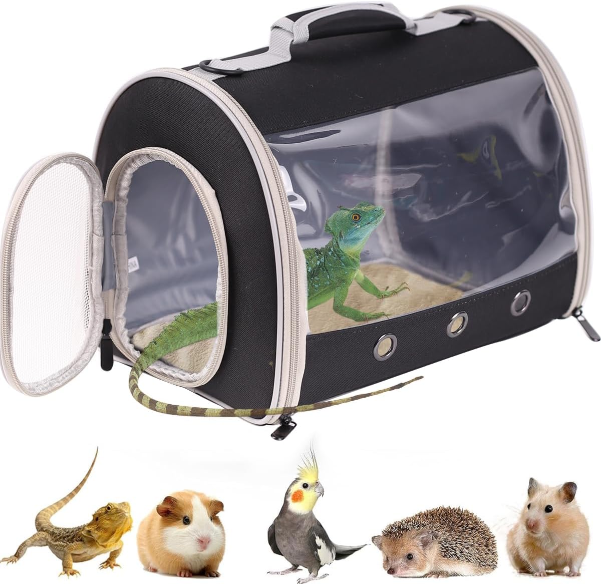 Bearded Dragon Travel Carrier Backpack,Lizard Backpack Carrier,Space Capsule Clear Bubble Window Astronaut Reptile Carrier Backpack for Guinea Pig,Sugar Glider,Bunny (Black, TPU Carrier+MAT)