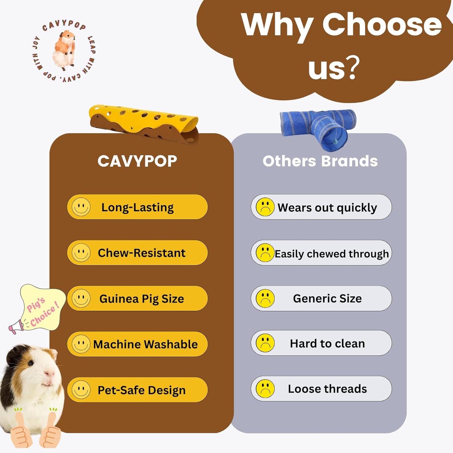 Guinea Pig Hideout Guinea Pig Tunnel Washable Tube with Cheese-Hole Design Soft Cozy Hideaway for Cage Corner Indoor Play and Enrichment-Brown