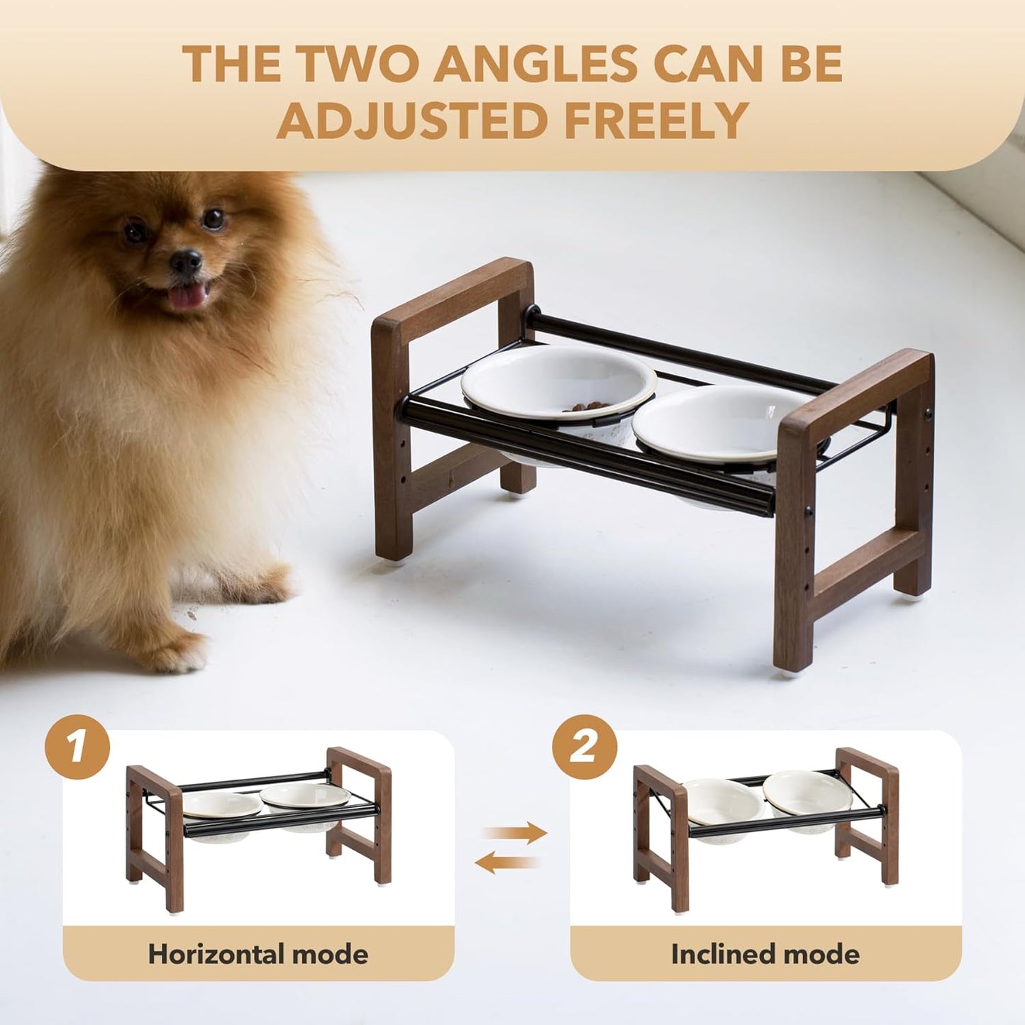 5.5inch Ceramic Adjustable Raised Double Bowls Set with Stand, 3 Heights Elevated, 2 Placement Options,Food and Water Dishes for Puppy, Cats（Double Bowls+Stand, Reactived Glaze -White