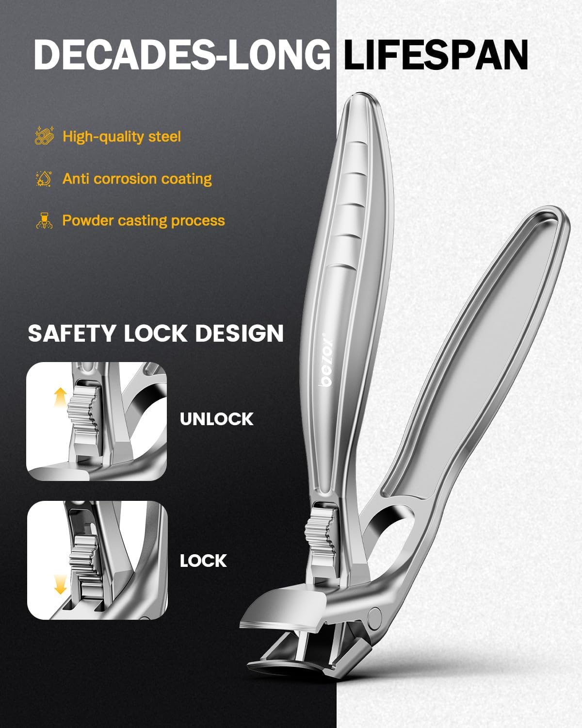 BEZOX Curved Toenail Clippers for Seniors – Safety Lock, Wide Opening, and Anti-Slip Grip Nail Clipper for Thick Nails - Silver