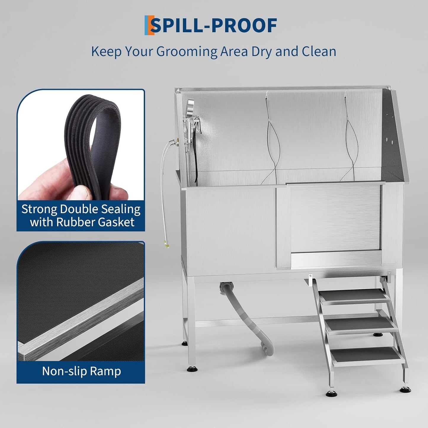 50" Stainless Steel Professional Dog Washing Station - Pet Bathing Tub w/Non-Slip Stairs | Slip-Resistant Floor Grate | for Large/Medium/Small Dogs