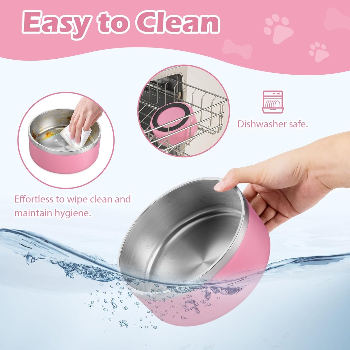 LIANLAI Dog Bowls Large Sized, Rust-Resistant Stainless Steel Dog Bowls, Non Slip Puppy Dishes, Dishwasher Safe (Pink，64 oz)
