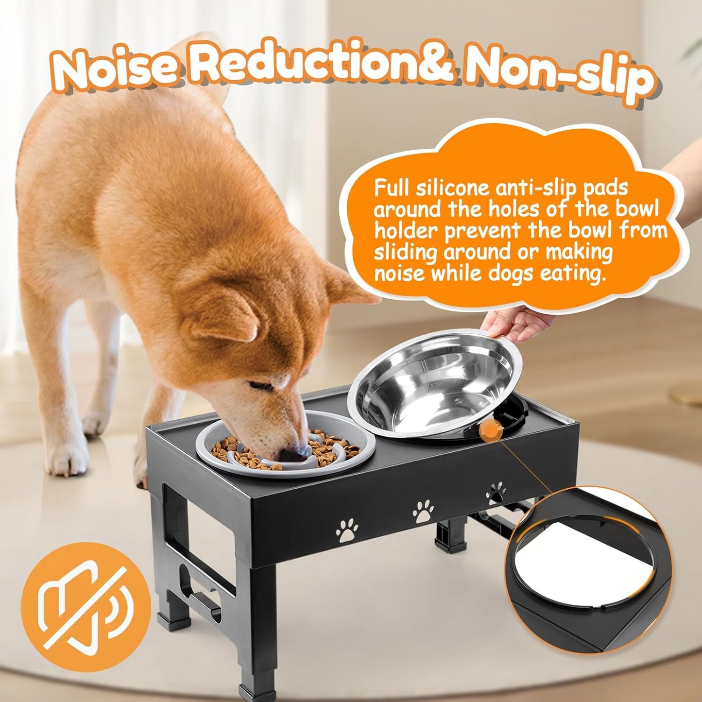 Elevated Dog Bowls with Slow Feeder and 2 Stainless Steel Bowls, Raised Dog Food Bowl Stand 5 Heights Adjustable (3.1", 9", 10", 11", 12" Tall) Non-Slip Feeder for Medium Large Dogs