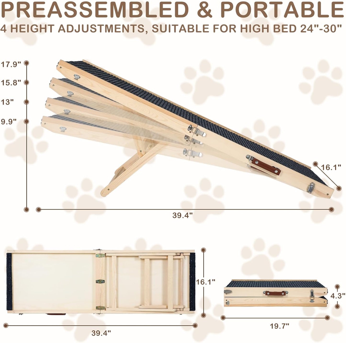 Foldable Dog Ramp for Bed, 4 Adjustable Portable Pet Ramps, 40" Long Pet Ramp for Small Dogs, for High Beds, Dog Step for Large Dogs Stairs for Car, Couch