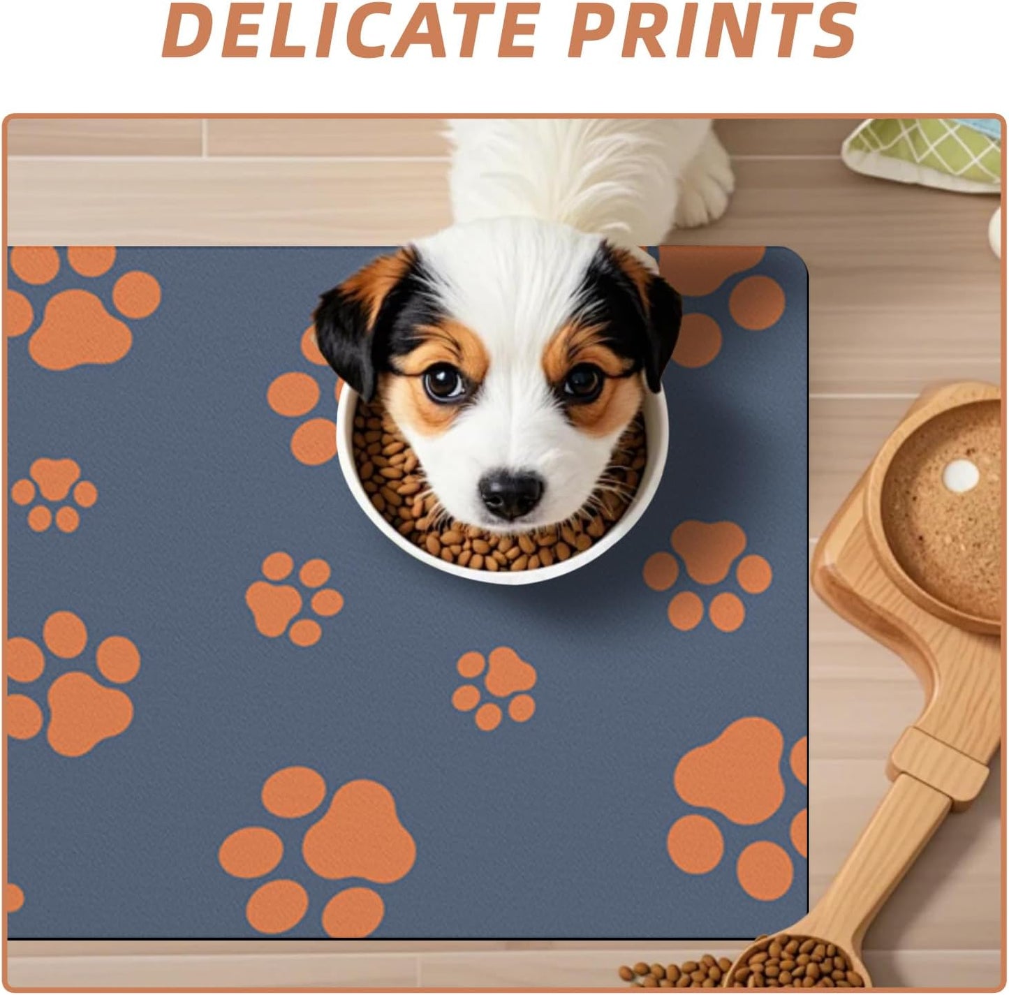 12"×20" Dog Food Mat-Absorbent Mat for Food and Water No Stains Quick Dry Cat Bowl Mat Non Skid Dog Feeding Mat with Footprints for Messy Drinkers Blue