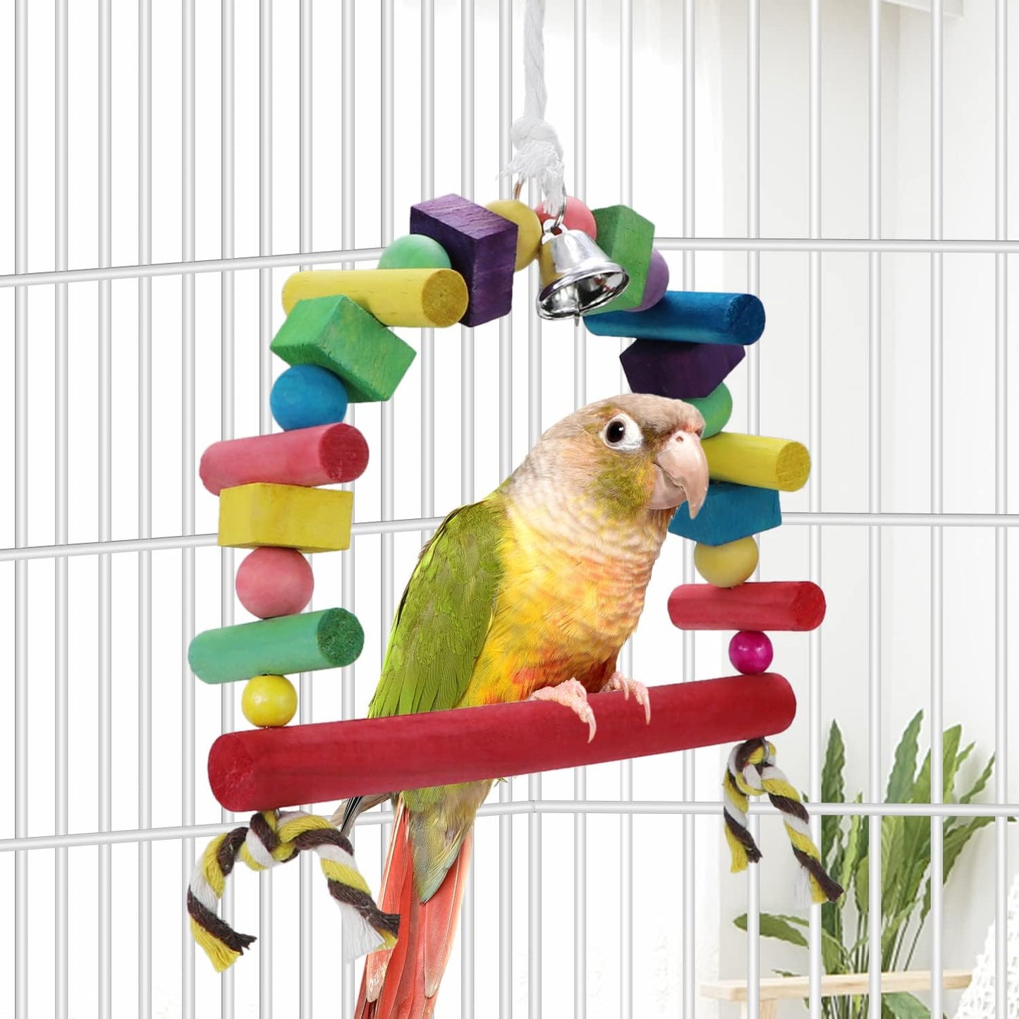 Litewoo Bird Swing Toys Natural Wood Knots Block Rainbow Bridge Wooden Hanging Bells Toys for Parrot Budgie Lovebirds Conures Parakeet cockatoo Cockatiel