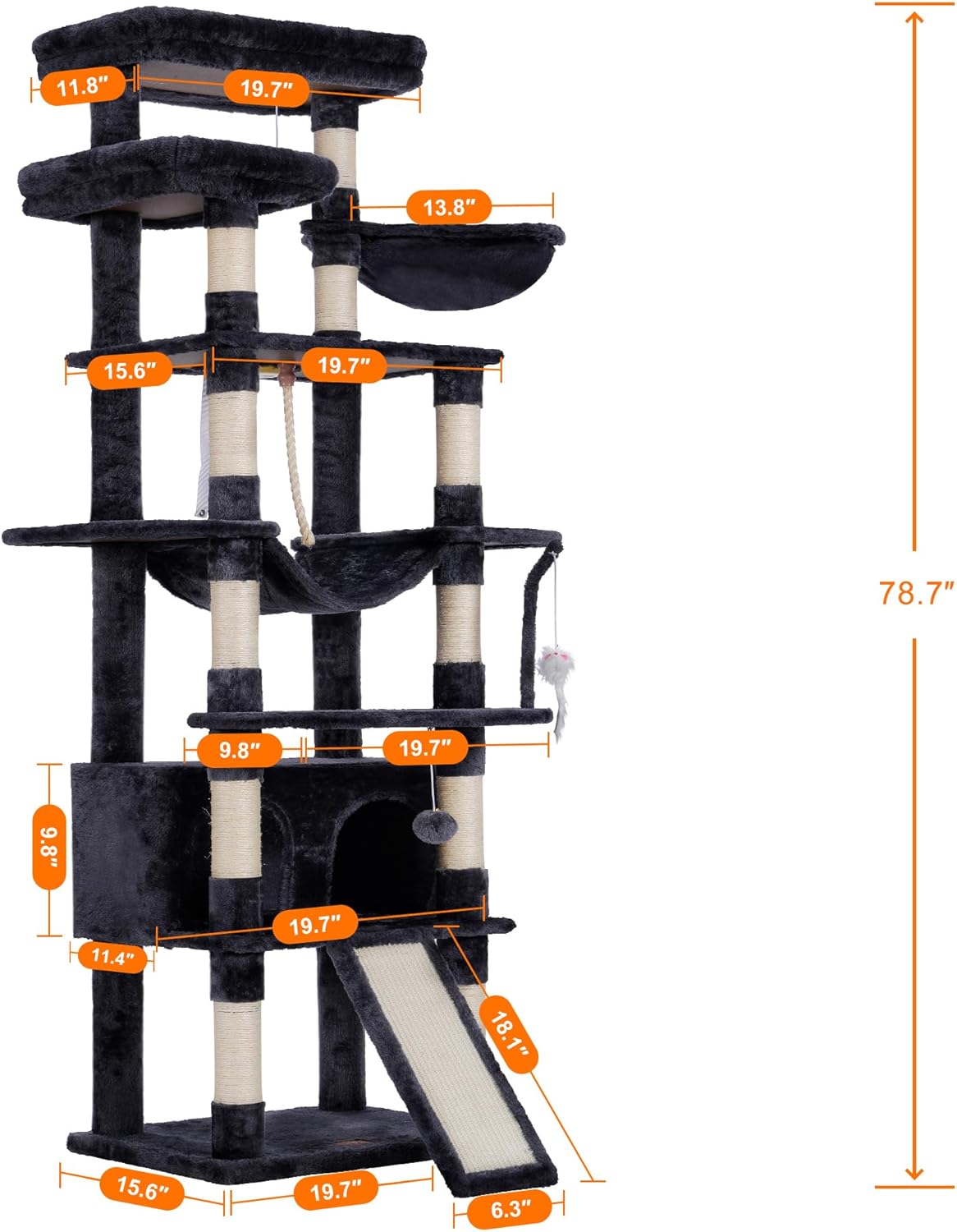 Heybly Tall Cat Tree, 78-inch Multi-Level Cat Tower for Indoor Cats, 2 Widened Plush Perches Cat Condo with Scratching Board and Big Caves, Smoky Gray HCT033G