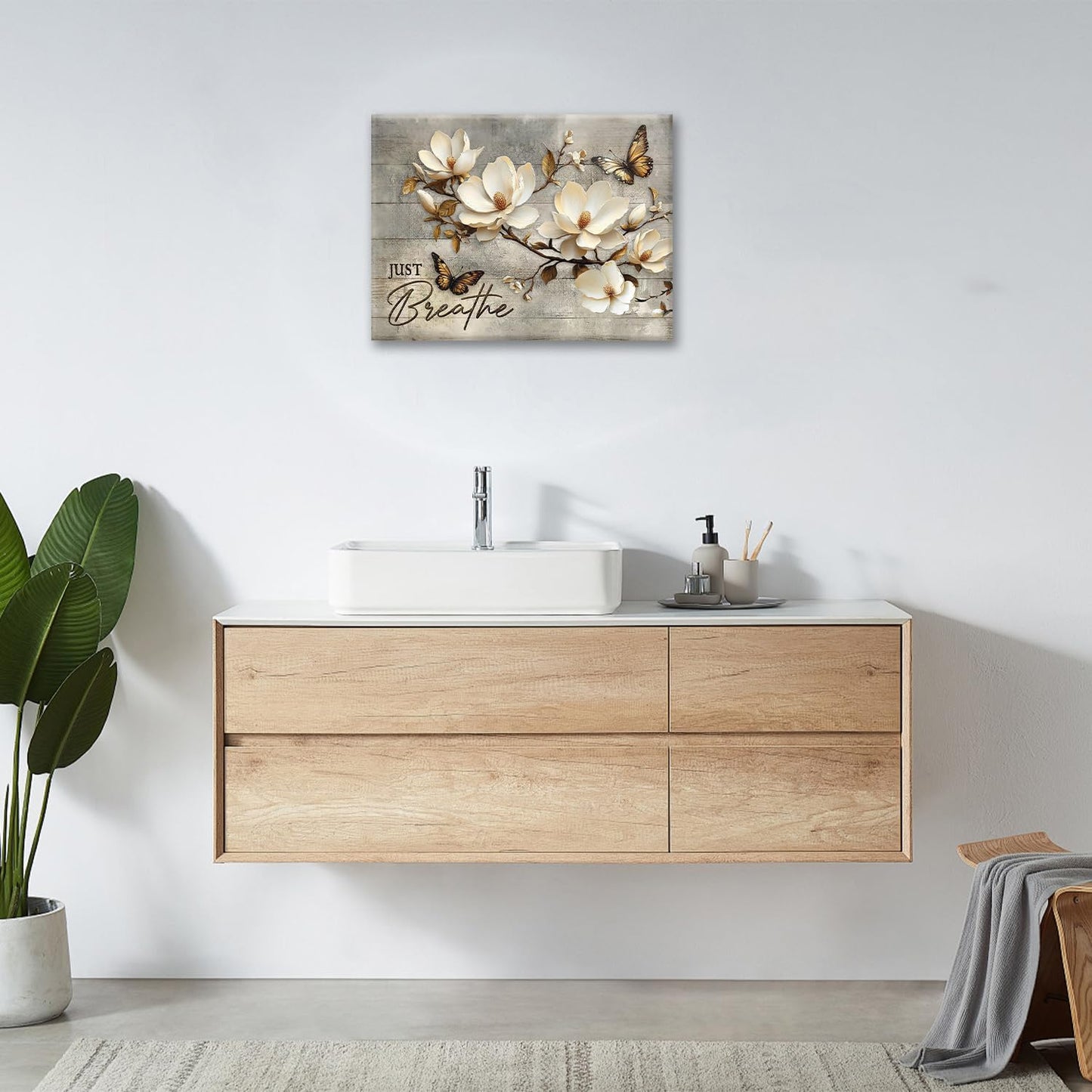 Floral Magnolia Bathroom Pictures Wall Art, Just Breathe Bathroom Wall Decor, Flower Butterfly Framed Painting Canvas Artwork for Bedroom Living Room Decorations 20"L x 16"W