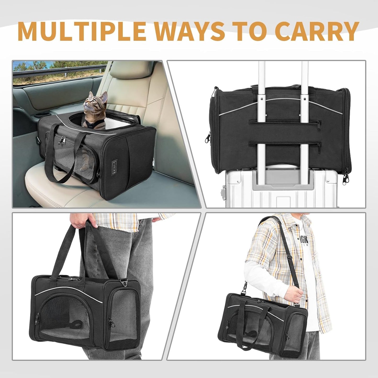 ‌Petsfit Airline Approved Pet Carrier for Small Cats, 16.5x8.6x11 TSA Approved Carrier, with Removable Dual-Sided Padding (2-Way Placement) - Fits Under Most Airplane Seats, Escape Proof (Black)