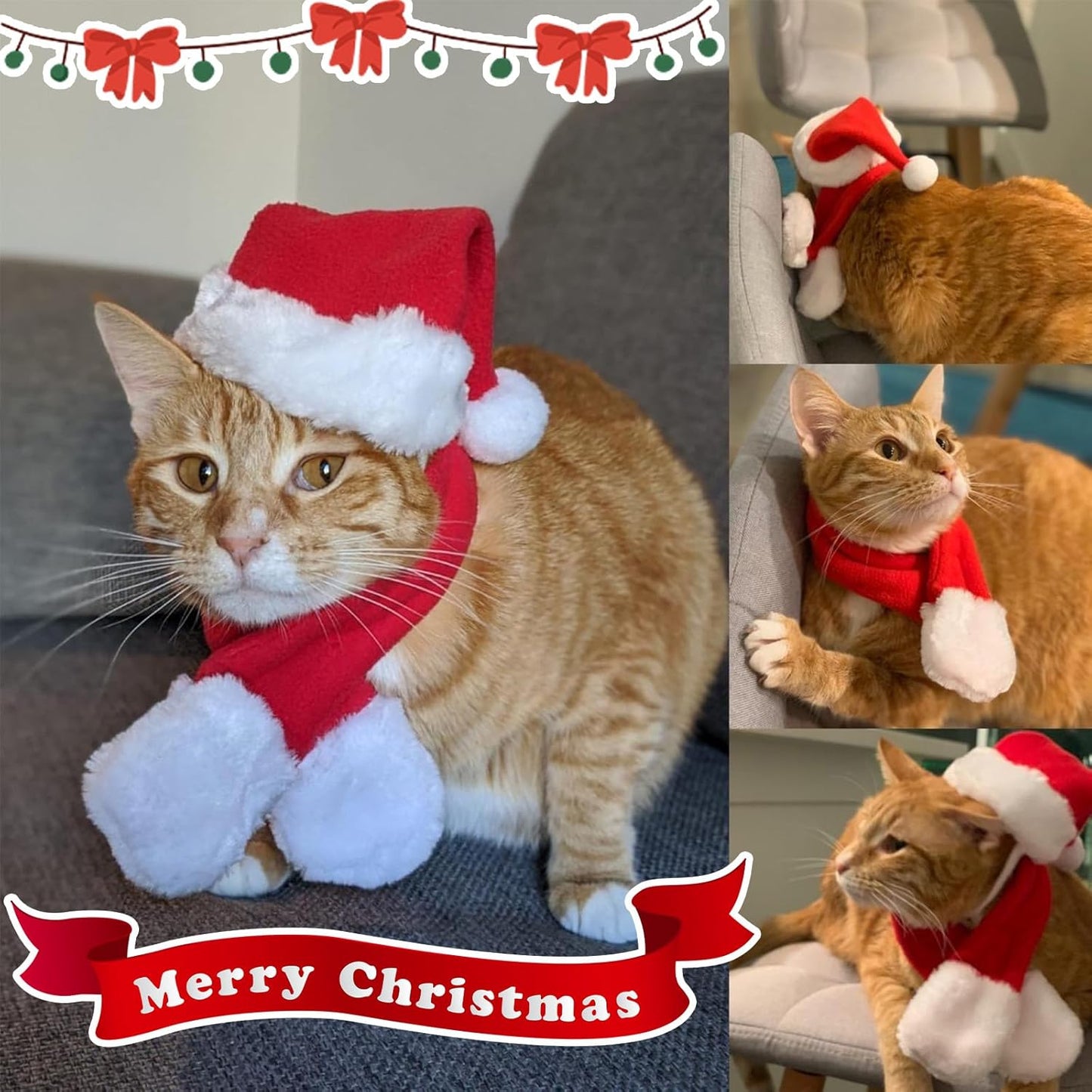 Enjoying Cat Christmas Costume, Santa Hat with Red Scarf for Cats Small Dogs, Rabbit Xmas Outfit, Pet Santa Claus Hat Scarf for Cold Day Head and Neck Warm, New Year Party Cosplay