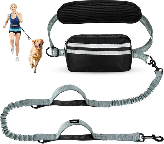 Hands Free Dog Leash with Pouch, Adjustable Waist Belt with Double Padded Handles, Waist Leash for Dog Walking, Dog Leash with Bungee for Medium & Large Dog, Dog Walking Accessories, Olive