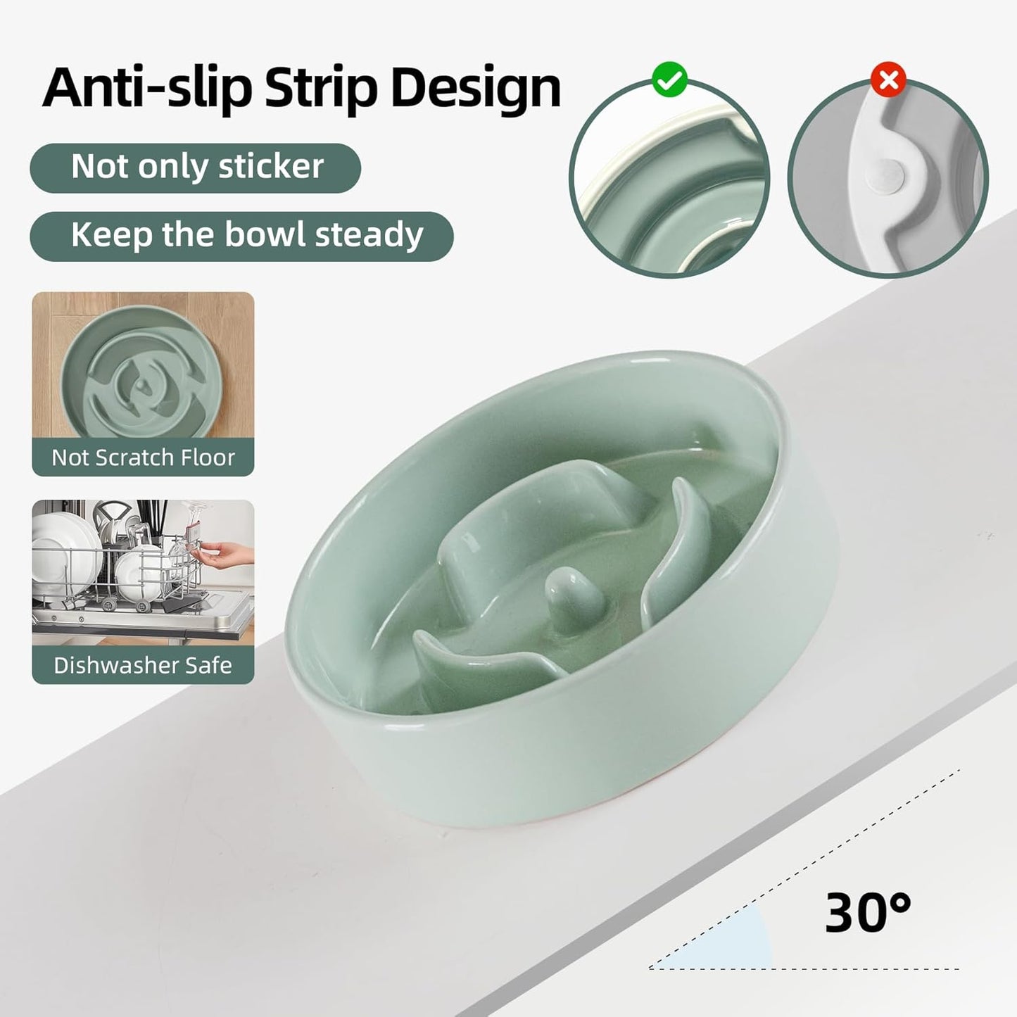 6.1inch Ceramic Raised Slow Feeder Dog Bowl Set, Elevated Wooden Stand for Small Dog and Cat, Puzzle Slow Dish, Preventing Choking(Light Green, Single Bowl+ Stand)