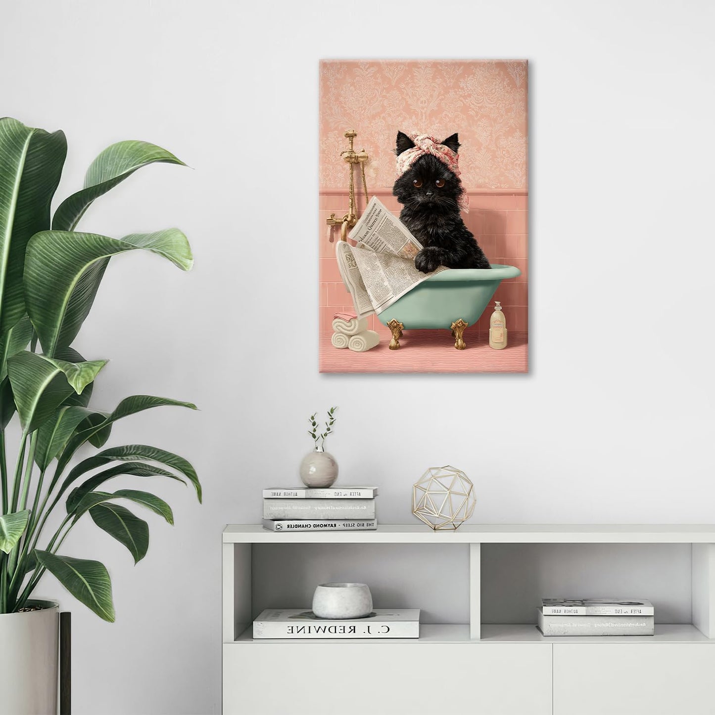 Cat Bathroom Wall Decor Black Cat Reading Newspaper in Bathtub Canvas Wall Art Funny Bathroom Pictures Kitten Painting Print Pink Artwork Framed Decorations Gifts 16"x24"