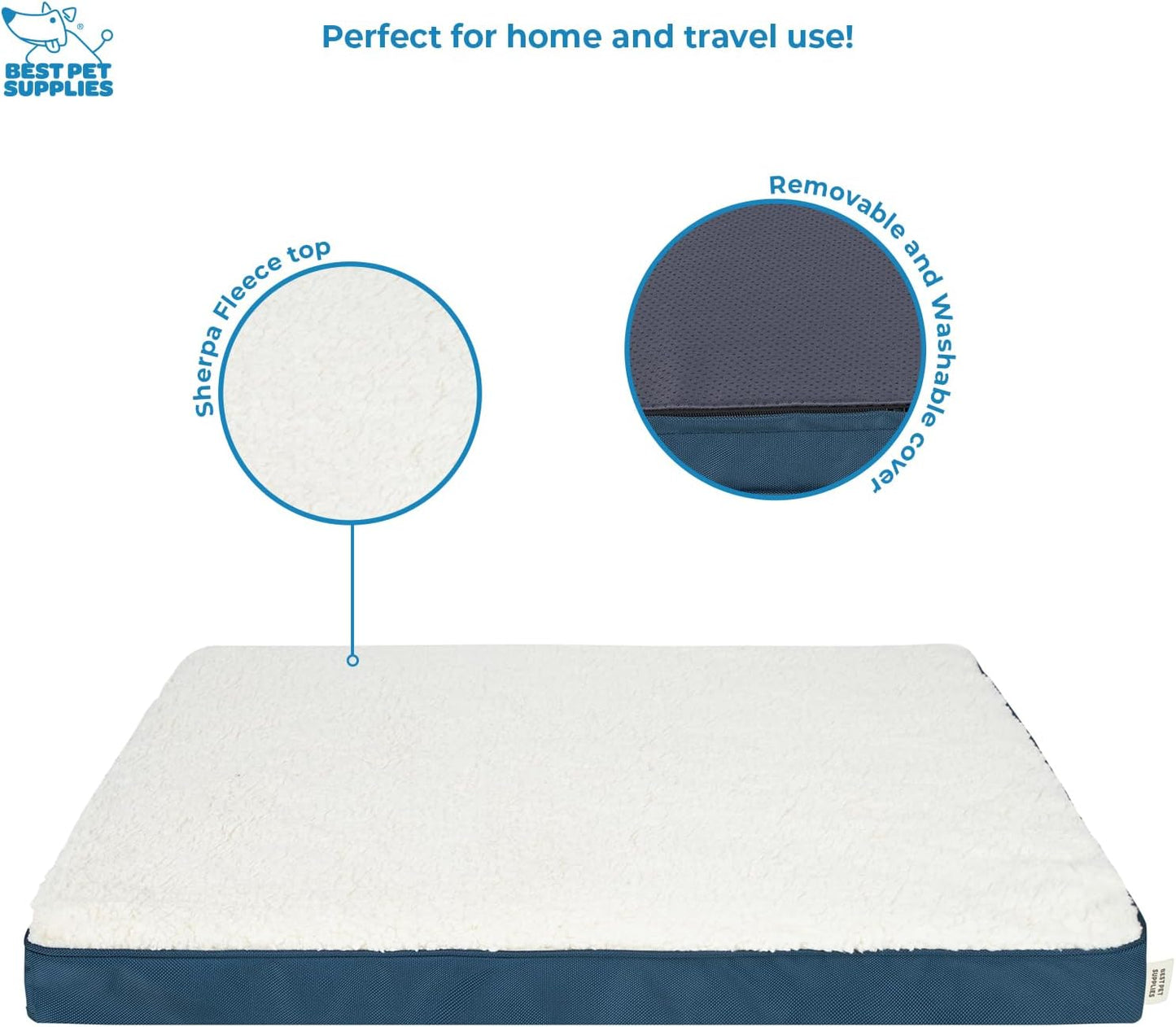 Best Pet Supplies Cute Dog Crate Mat Flat Bed with Waterproof Exterior, Thick Orthopedic Egg Foam Mattress, and Soft Sherpa Fleece Cover for Small, Medium, and Large Breeds - Blue, 30X20X3