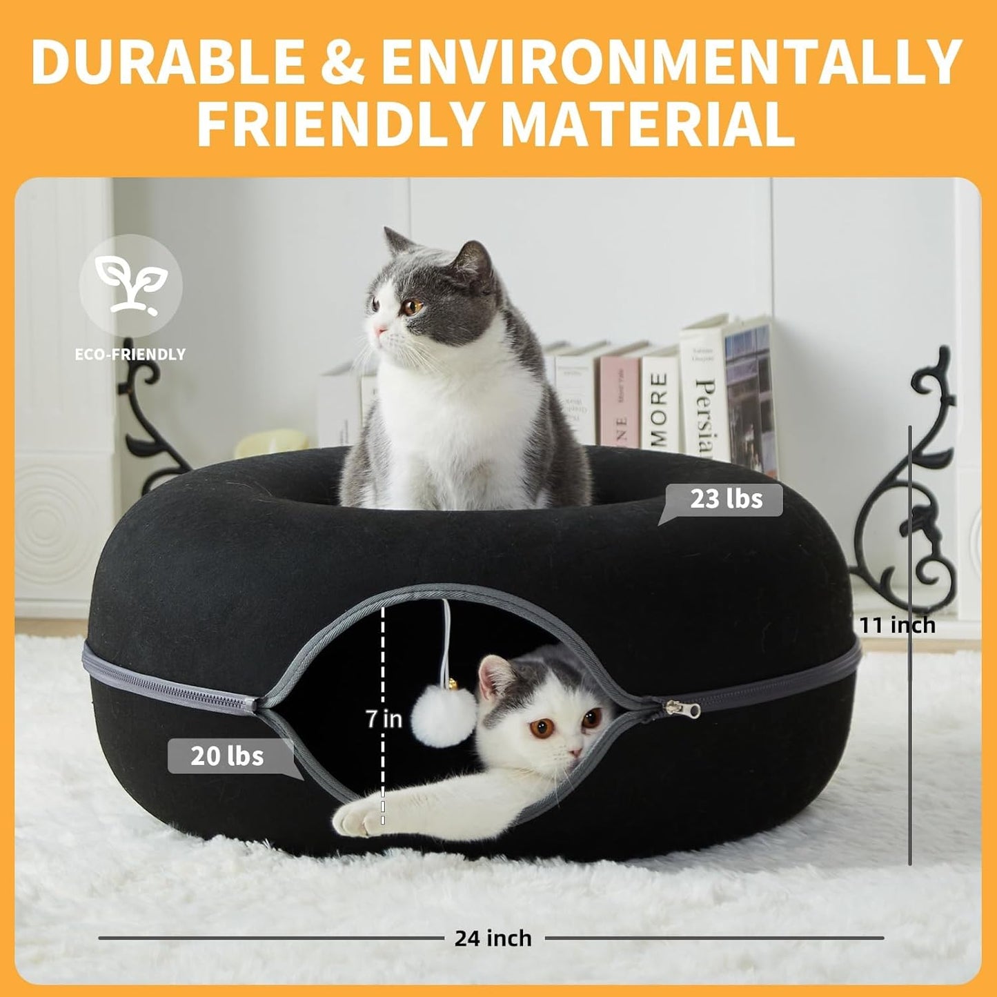 Jia Xi Cat Tunnel Bed - Large Indoor Cat Condo and Cave, 24 inch, Black