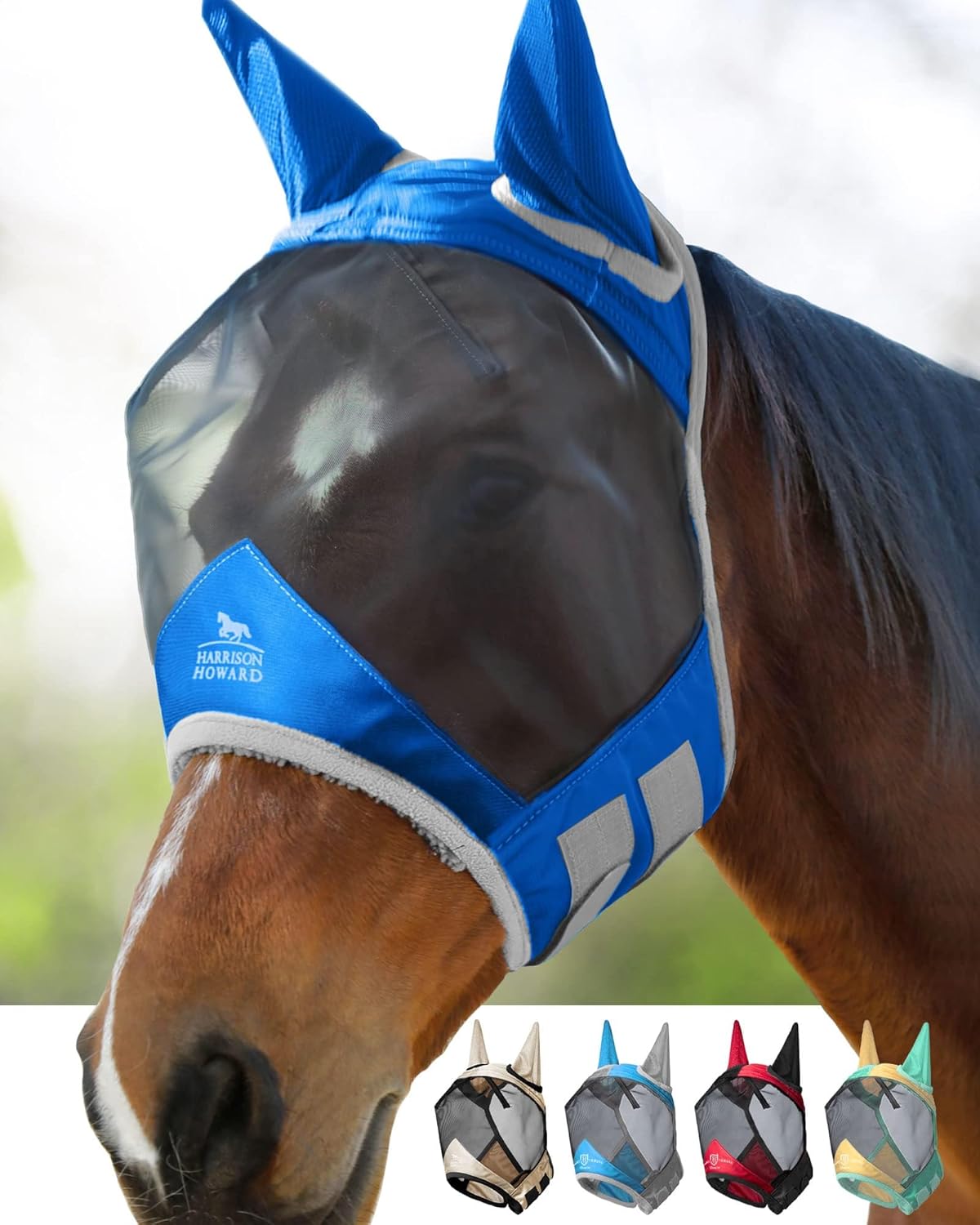 Harrison Howard Pro Luminous Horse Fly Mask Large Eye Space Standard with Ears UV Protection for Horse Signature Blue Medium Cob