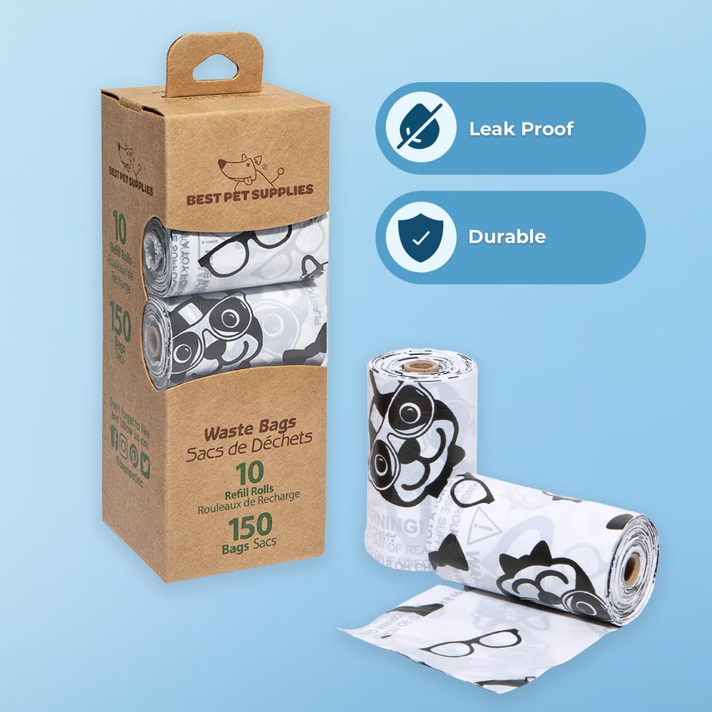 Best Pet Supplies Dog Poop Bags (240 Bags) for Waste Refuse Cleanup, Doggy Roll Replacements for Outdoor Puppy Walking and Travel, Leak Proof and Tear Resistant, Thick Plastic - White