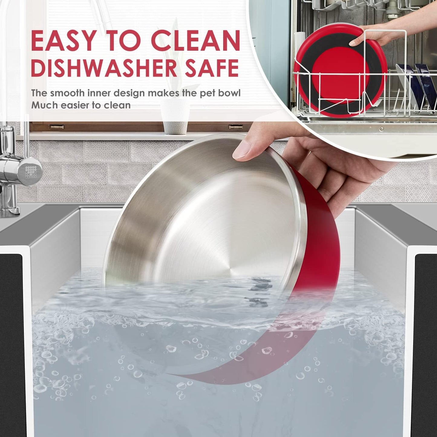 IKITCHEN Dog Bowl for Food and Water, 40 Oz Stainless Steel Pet Feeding Bowl, Durable Non-Skid Double Wall Insulated Heavy Duty with Rubber Bottom for Medium Large Dogs (40 Ounces/5 Cup, Red)