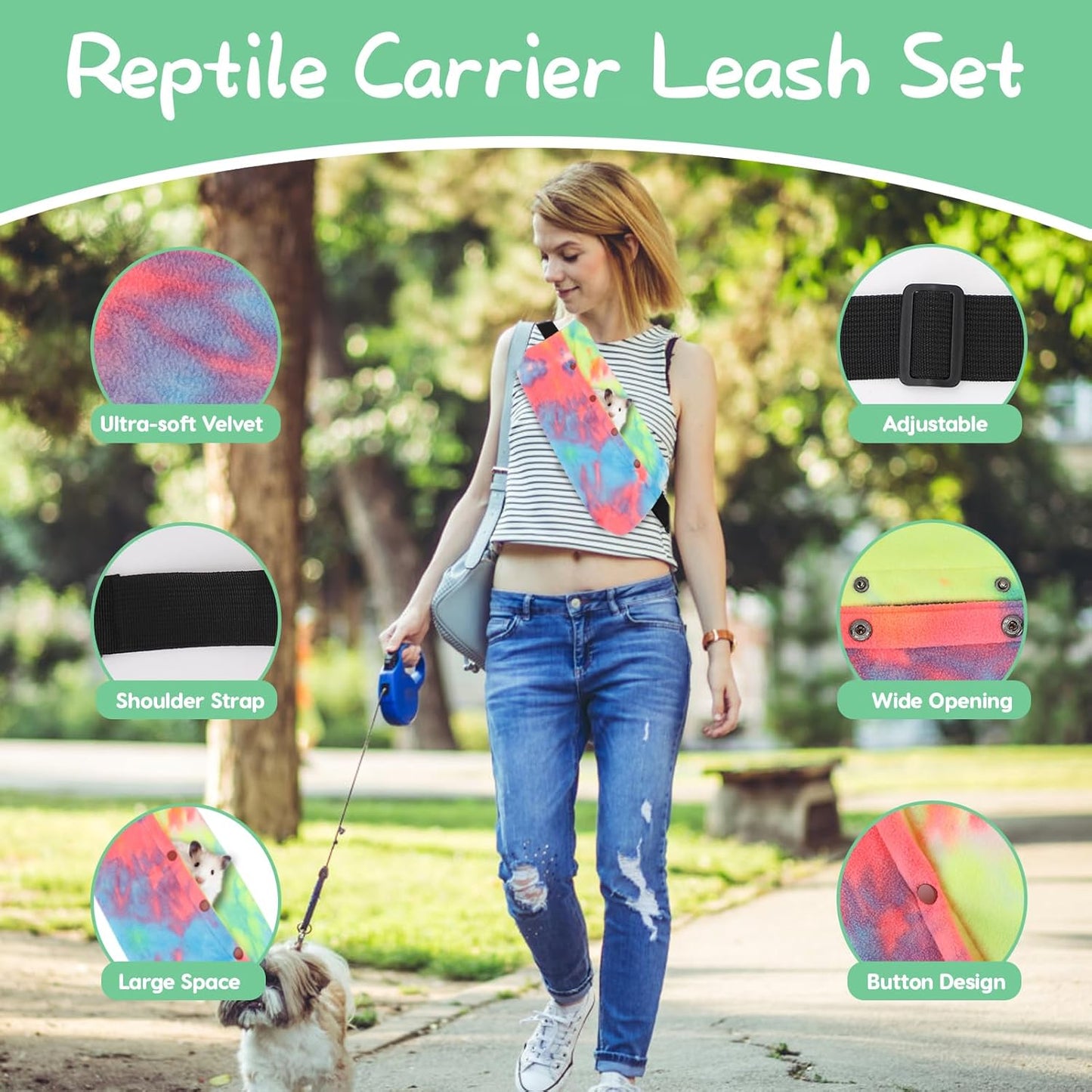 Bearded Dragon Leash and Harness Set, Adjustable Bearded Dragon Carrier Sling Leash and Carrier, Lizard Reptile Small Pet Training Leashes and Beardie Snuggle Sling Bag for Outdoor Travel (Rainbow)