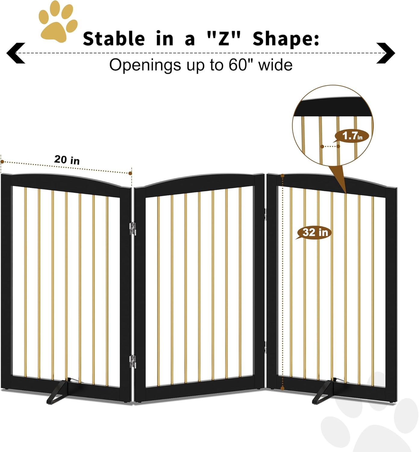 Freestanding Pet Gate for Dogs, Foldable Wooden Dog Gate for House Indoor, Step Over Pet Puppy Safety Fence for Stair, Doorway,Hall, Support Feet Included,3 Panels 32",Black&Gold