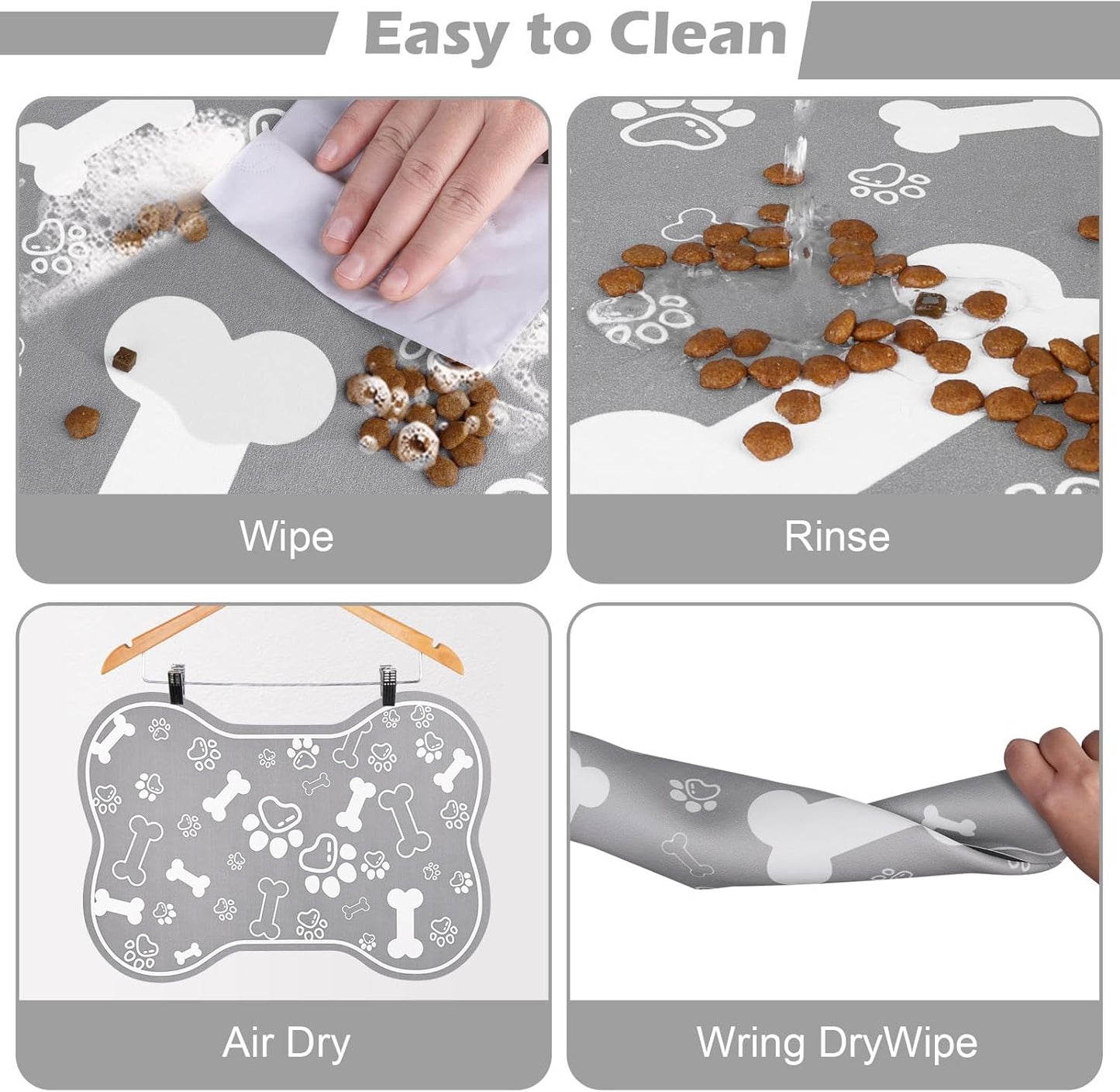 Dog Cat Food Mat, Rapid Absorbent Pet Feeding Placemat, Bone Shaped With Rubber Backing, No Stains Indoor, Pet Accessories Supplies 17"29" Grey