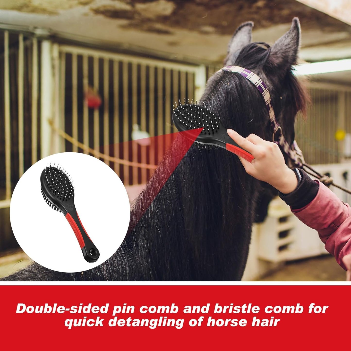 Horse Tail Extension Bag and Double Side Pin and Bristle Comb Brush, Red and Black Fake Horse Tail Bag