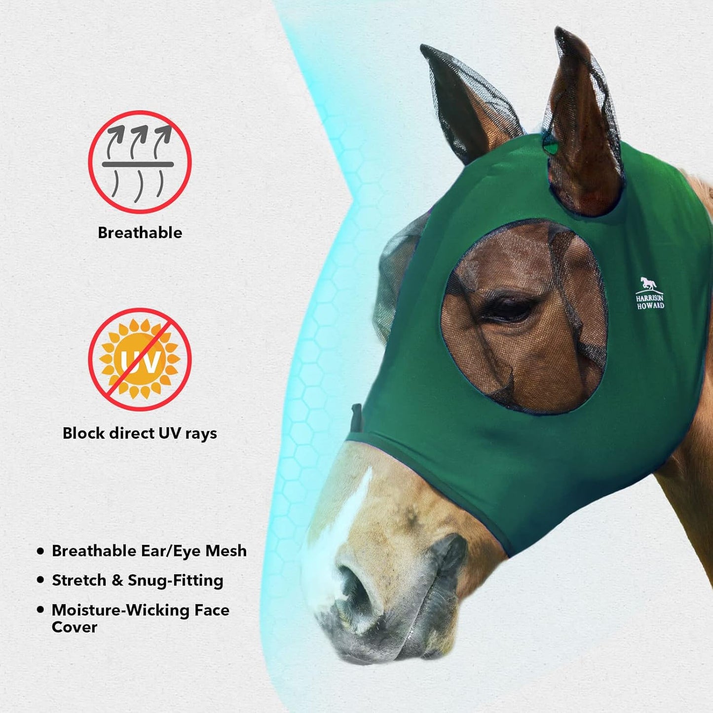 Harrison Howard Super Comfort Stretchy Fly Mask Large Eye Space with UV Protection Soft on Skin with Breathability Deep Green Full Size