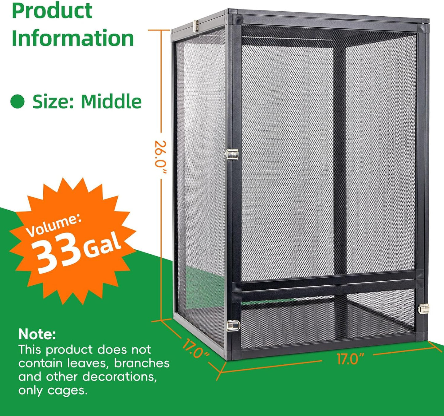 33 Gal Detachable and Foldable Reptile Butterfly Cage Terrarium, 360° Observation, Airflow, Interaction in Gecko Tank for Crested Geckos, Leopard Geckos, Chameleons, Bearded Dragons
