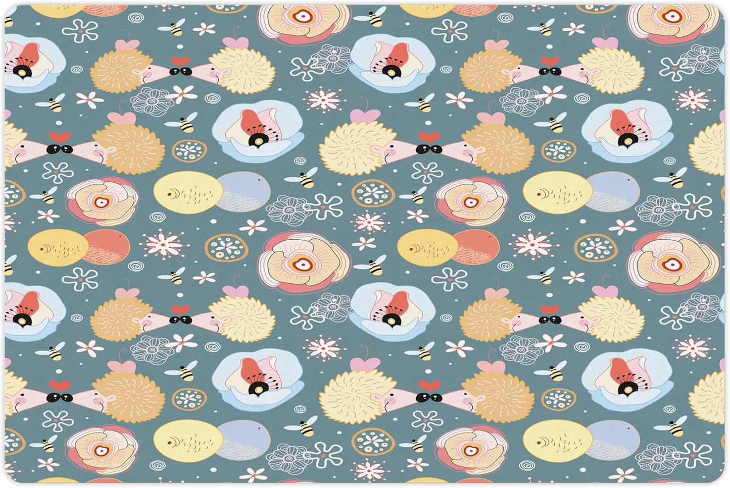 Lunarable Animal Pet Mat for Food and Water, Hedgehogs Kissing Hearts Love Bees Flowers Cheerful Happy Art Image, Non-Slip Rubber Mat for Dogs and Cats, 18" X 12", Multicolor