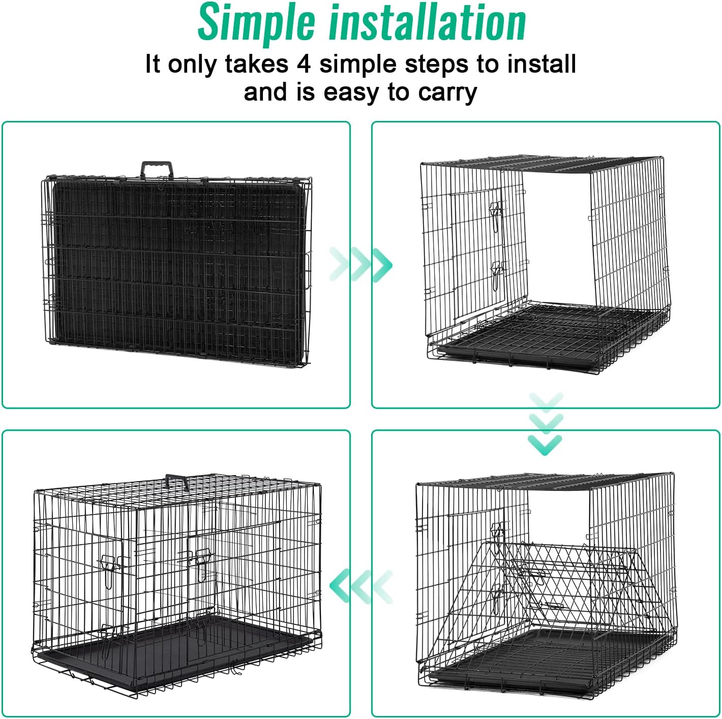 FDW Dog Crate for Large Dogs 42 Inch Folding Metal WirePet Cage Double Door W/Divider Panel Indoor Outdoor Kennel Leak-Proof Plastic Tray,Black