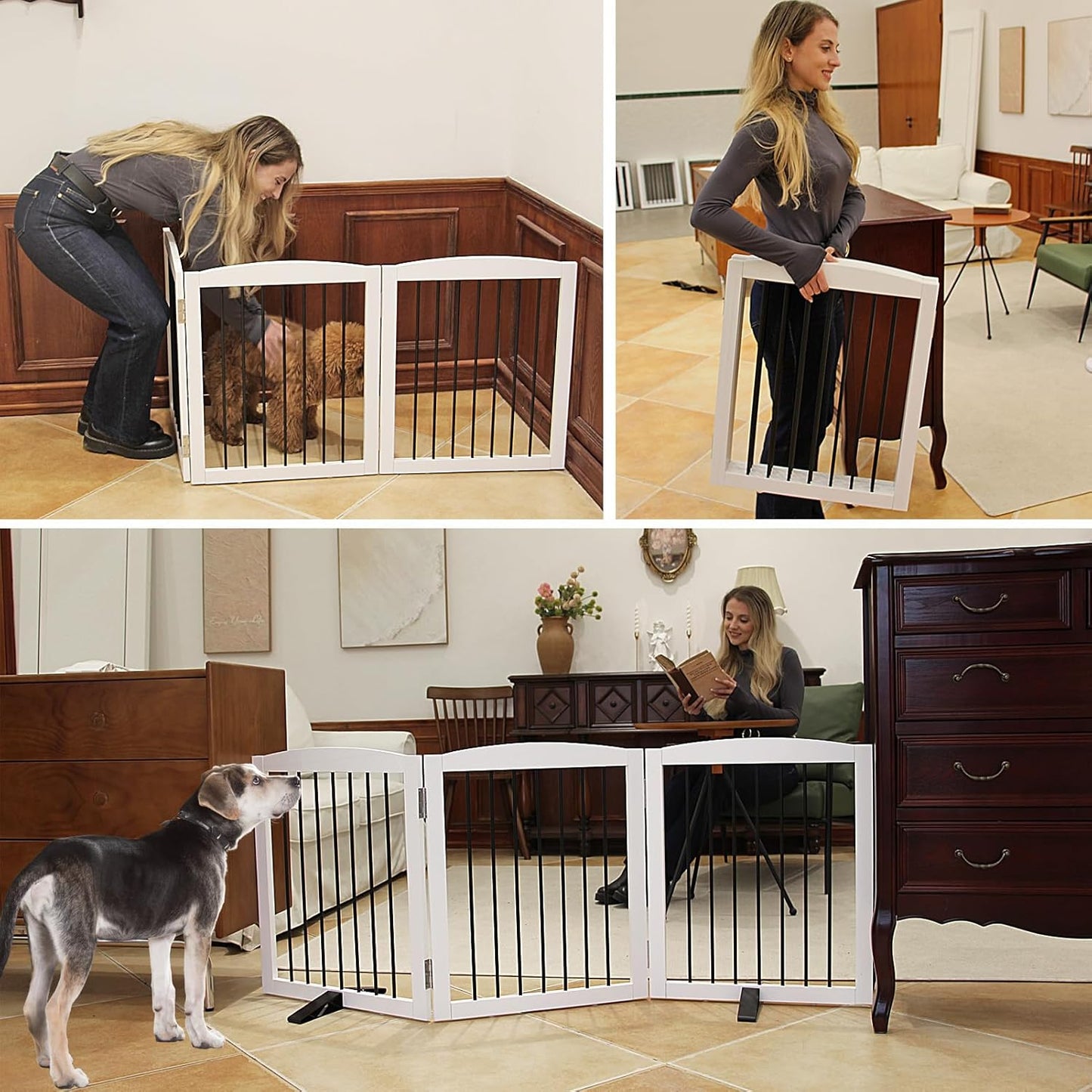Foldable Wooden Freestanding Dog Gate - 32" H, 3 Panels, Stairs/Doorways, Support Feet Included, White