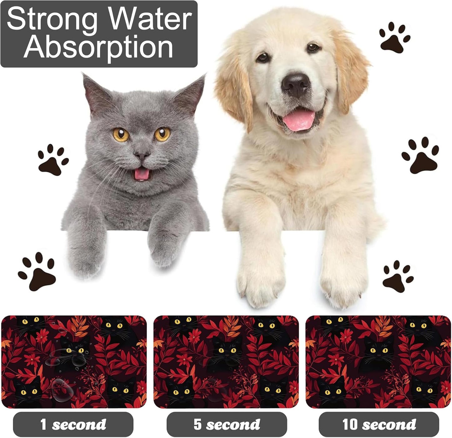 Black Cat Forest Pet Feeding Mat-Quick Dry Absorbent Dog Cat Food Mat, Anti-Slip Water Bowl Mats for Messy Eaters-No Stains Indoor Pet Accessories 12"x20"