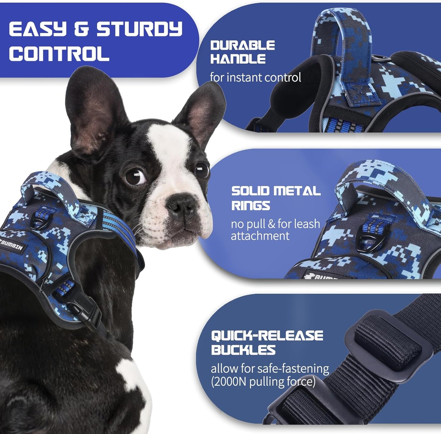 BUMBIN Dog Harness for Large Dogs, No Pull Adjustable No Choke Pet Vest with Dog Leash Fit Smart Reflective Pet Walking Harness for Training Easy Control Soft Handle Blue Camo M