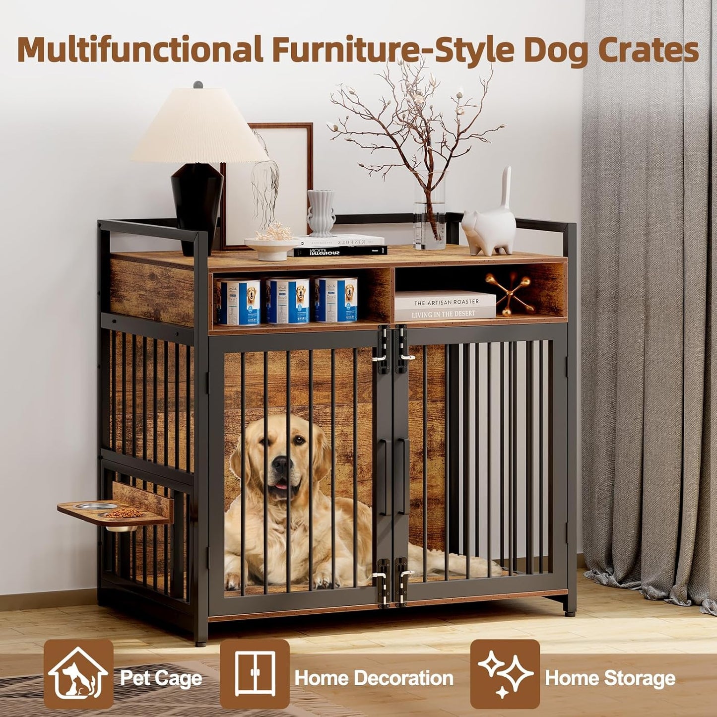 Furniture Style Dog Crate with Storage, 48 Inch Dog Crate Furniture with Double Doors, 2 Stainless Steel Bowls, Dog Crate Furniture-Style Crate for Large/Medium Dog