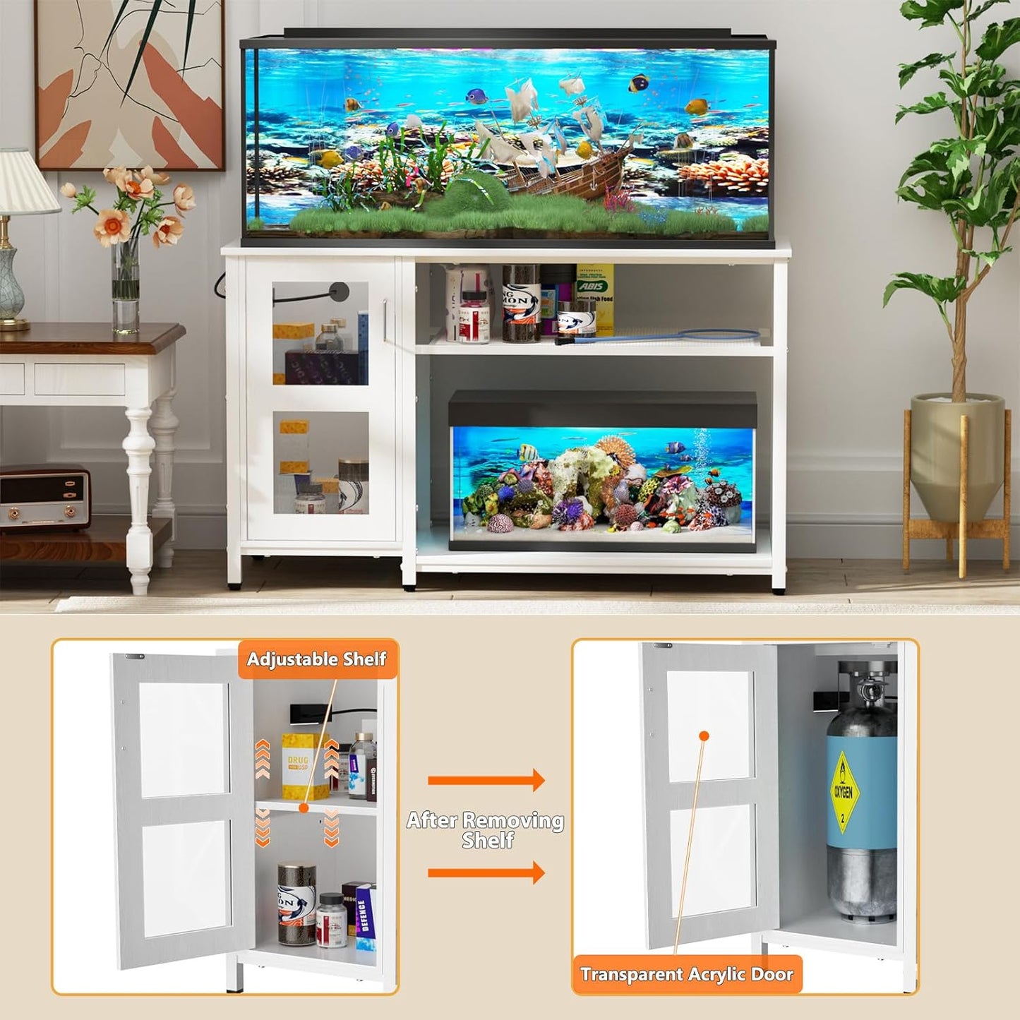 55-75 Gallon Fish Tank Stand with Cabinet, Aquarium Stand for Fish Tank Accessories Storage, Heavy Duty Metal Terrarium Stand, 52" L*19" W Tabletop, 1200LBS Capacity, White