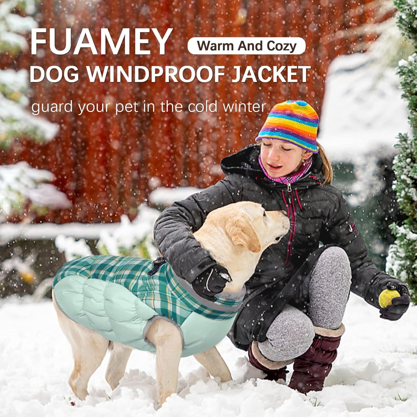 FUAMEY Dog Coat for Large Dogs,Waterproof Dog Winter Jacket with Harness Built in Puppy Cold Weather Coats Reflective Pet Vest with Zipper Warm Fleece Dogs Snowsuit Windproof Green Plaid XXXL
