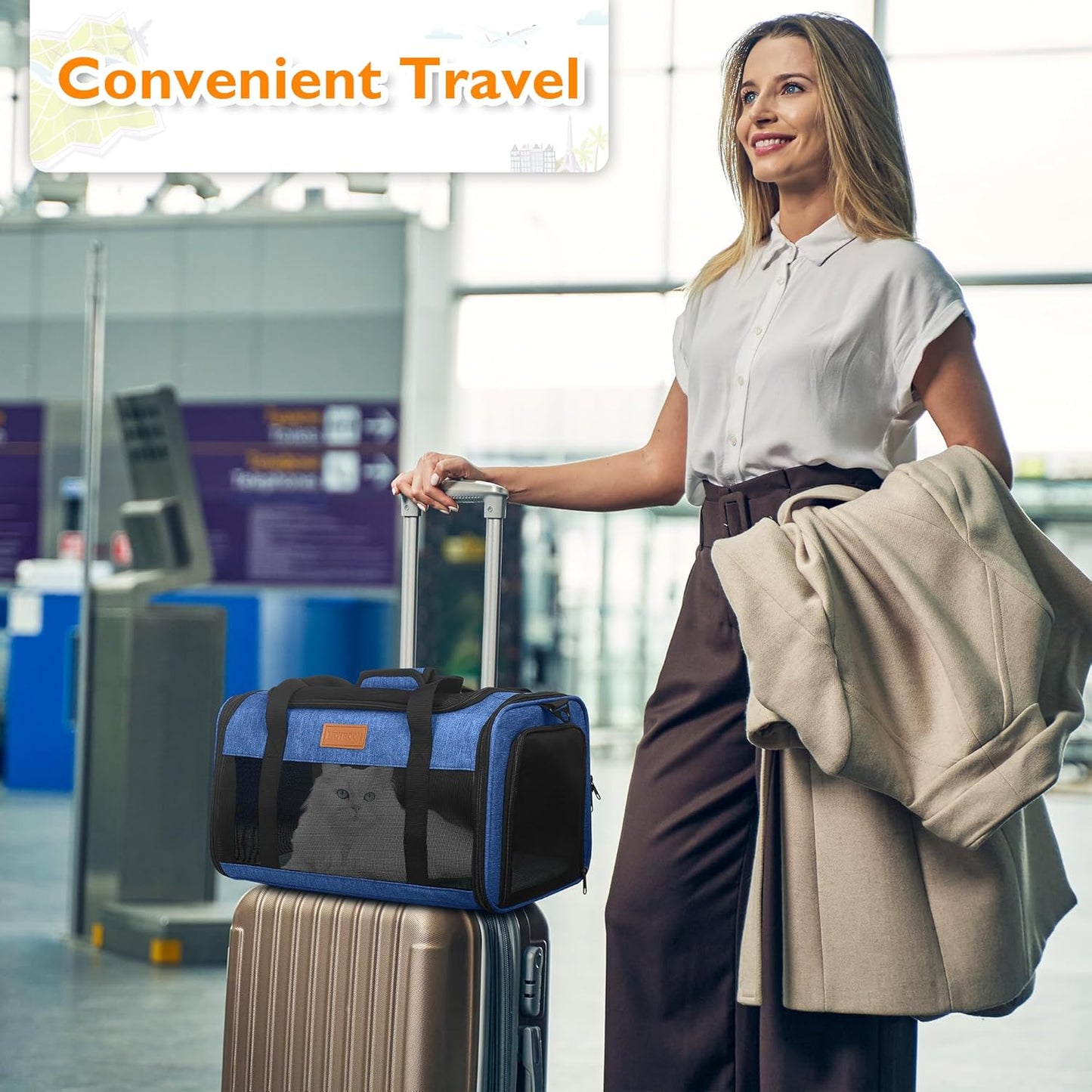 PETUX TSA Approved Pet Carrier in Cabin, 17"x11"x9.5" Soft Cat Carriers for Small Cat up to 12 lb and Puppy up to 10 lb, Top Open Portable Pet Carrier Airline Approved for Travel and Vet Visit (Blue)