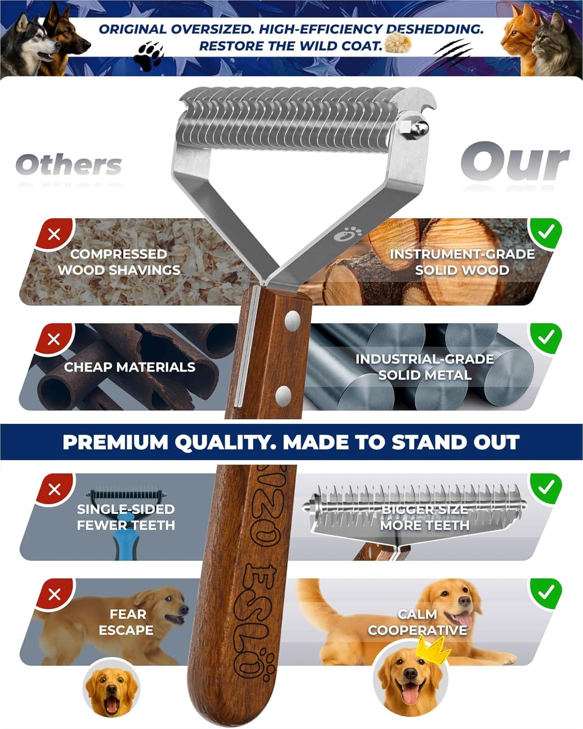 Extra Large 2-Sided Undercoat Rake for Dogs & Cats, Dog Brush for Shedding Remove Mats, Dematting Comb, Safe&Gentle Grooming Brush for German Shepherds Medium to Long-Haired Pets,Premium Wooden Handle