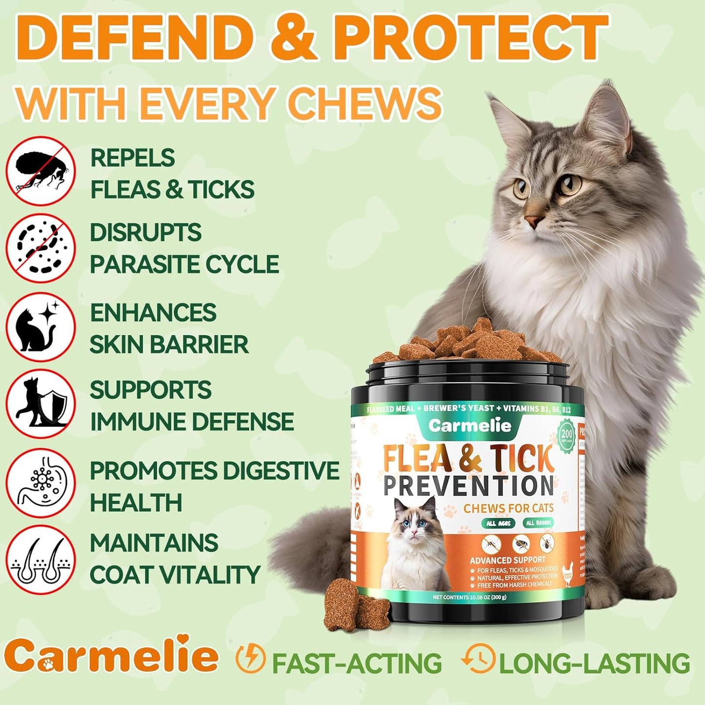 Flea and Tick Treatment for Cats - 200 Chews Flea and Tick Prevention for Cat Chewables - Flea Treatment for Cats All Breeds & Ages - Natural Cat Fleas and Ticks Defense - Chicken Flavor