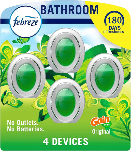 Febreze Bathroom Air Freshener, Odor-Fighting, Plug In Alternative, Air Fresheners for Home and Bathroom and Kitchen, Closet Air Fresheners, Gain Original Scent, 4 Count