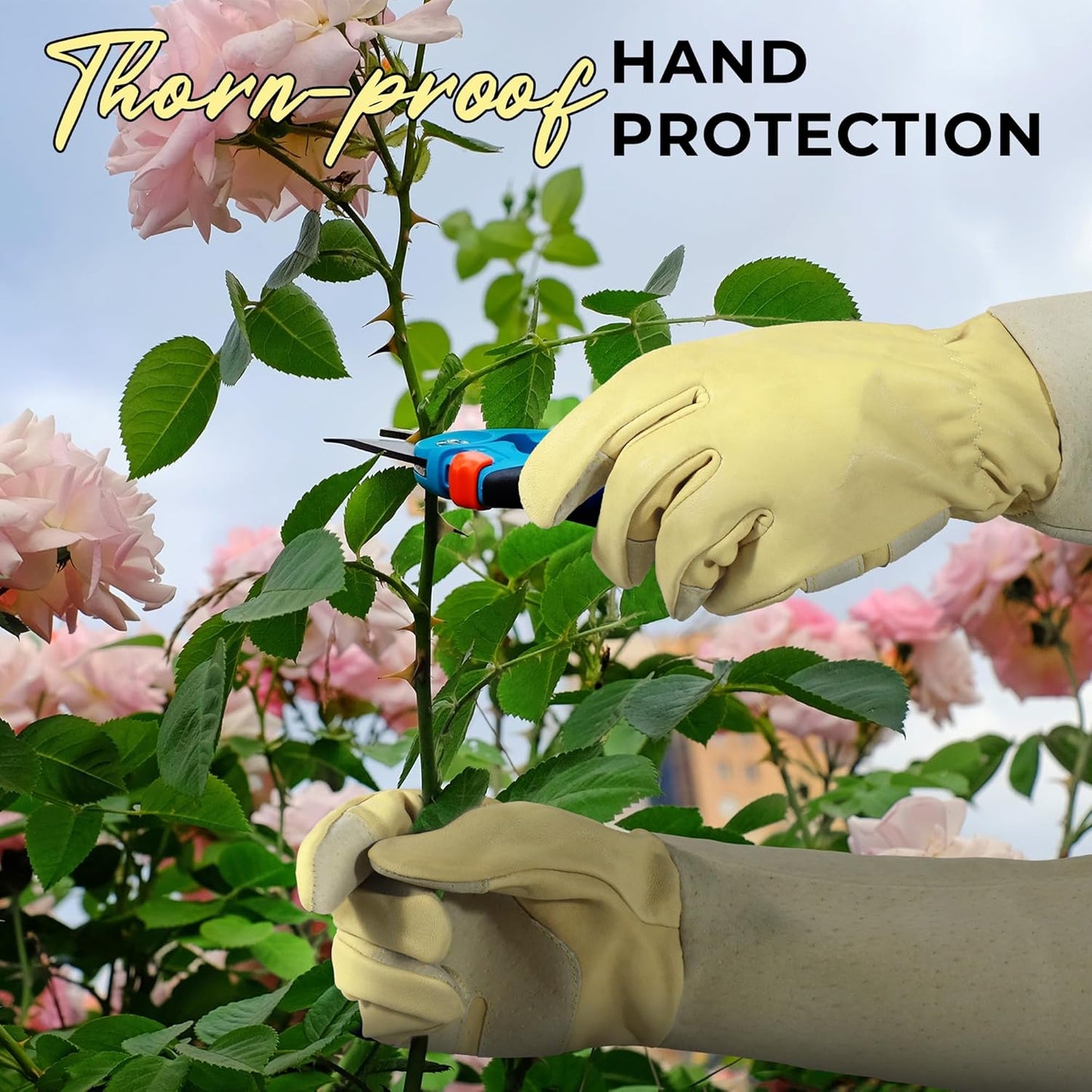 HANDLANDY Rose Pruning Gardening Gloves for Men Women, Thorn Proof Forearm Protection Leather Garden Gloves, Gardening Gifts for Gardeners (Beige- goatskin, Large (Pack of 1))