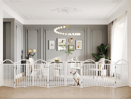 BHG Metal No-Assembly Freestanding Dog Gate with Door Walk Through, Extra Wide 96", Extra Tall 32" Pet Gate, Accordion Puppy Folding Playpen Dog Fence, with 2PCS Support (White, 8 Panels)