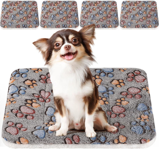4 Pack Ultra Soft Dog Cat Bed Mat with Cute Prints Reversible Fleece Dog Crate Kennel Pad Cozy Washable Thickened Hamster Guinea Pig Pet Bed Mat for Small Animals(23 x 18 Inches,Gray)